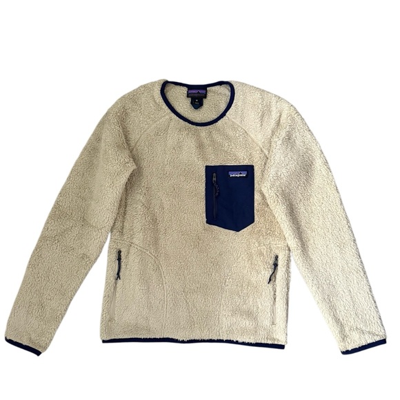 Patagonia Los Gatos Teddy High Pile Fleece Crew Neck Tan/Navy Size XS - Picture 3 of 10